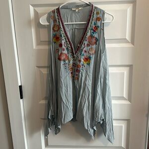 Light blue with floral tunic. Light weight